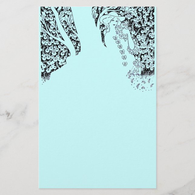 ROMANTIC WOMAN,ROSES AND NATURE Black Teal Blue Stationery (Front)