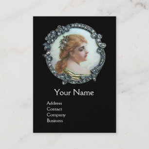 ROMANTIC WOMAN WITH DIAMOND FLOWERS VINTAGE ENAMEL BUSINESS CARD