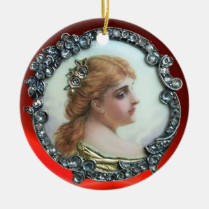 ROMANTIC WOMAN WITH DIAMOND FLOWERS VINTAGE ENAMEL CERAMIC ORNAMENT