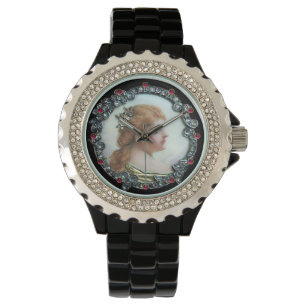 ROMANTIC WOMAN WITH DIAMOND FLOWERS VINTAGE ENAMEL WATCH