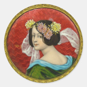 ROMANTIC WOMAN WITH FLOWERS VINTAGE ENAMEL CLASSIC ROUND STICKER