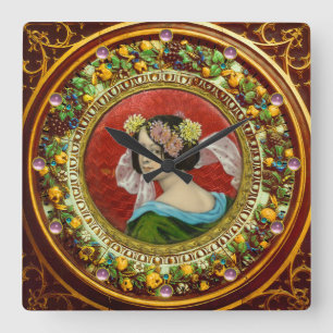 ROMANTIC WOMAN WITH FLOWERS VINTAGE ENAMEL SQUARE WALL CLOCK