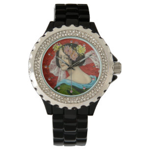 ROMANTIC WOMAN WITH FLOWERS VINTAGE ENAMEL WATCH
