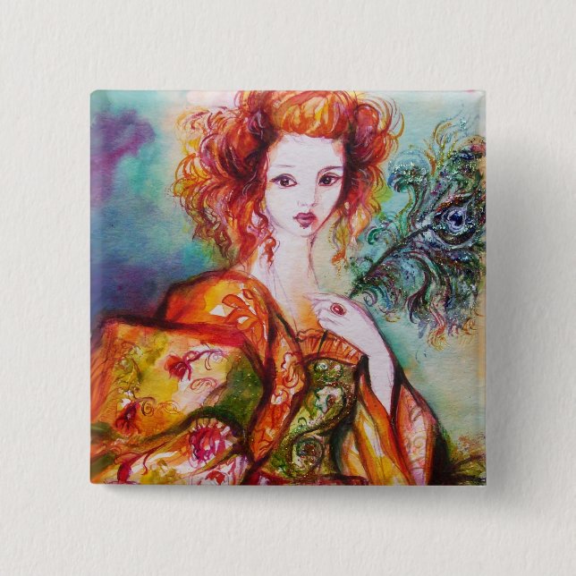 ROMANTIC WOMAN WITH PEACOCK FEATHER 15 CM SQUARE BADGE (Front)