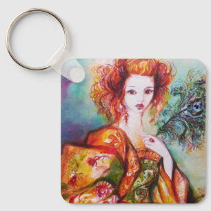 ROMANTIC WOMAN WITH PEACOCK FEATHER KEY RING
