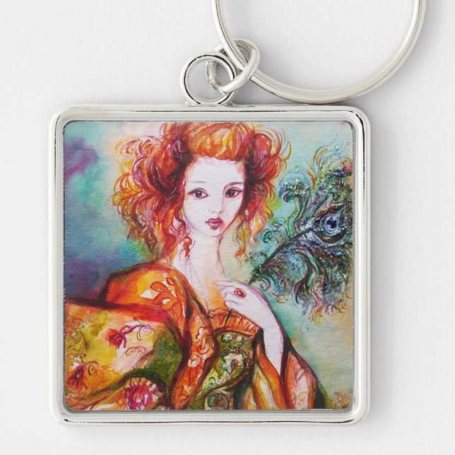 ROMANTIC WOMAN WITH PEACOCK FEATHER KEY RING (Front)