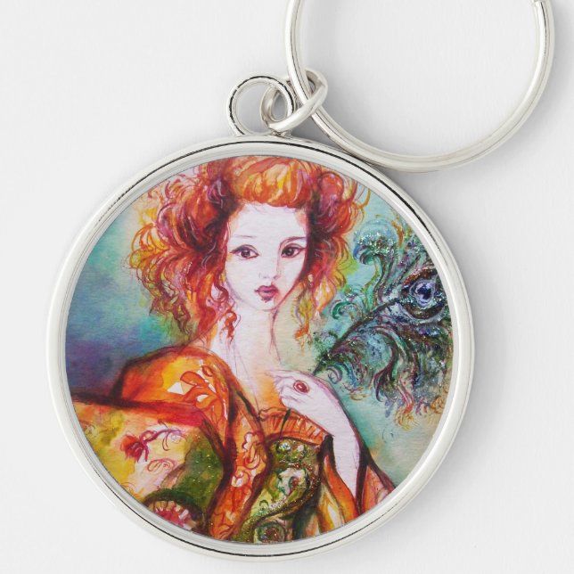 ROMANTIC WOMAN WITH PEACOCK FEATHER KEY RING (Front)