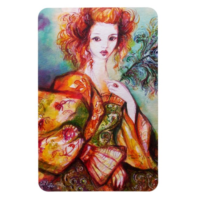 ROMANTIC WOMAN WITH PEACOCK FEATHER MAGNET (Vertical)