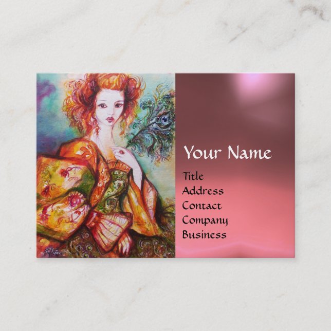 ROMANTIC WOMAN WITH PEACOCK FEATHER Pink Gem Business Card (Front)