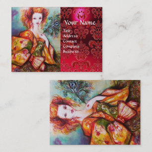 ROMANTIC WOMAN WITH PEACOCK FEATHER Red  Damask Business Card