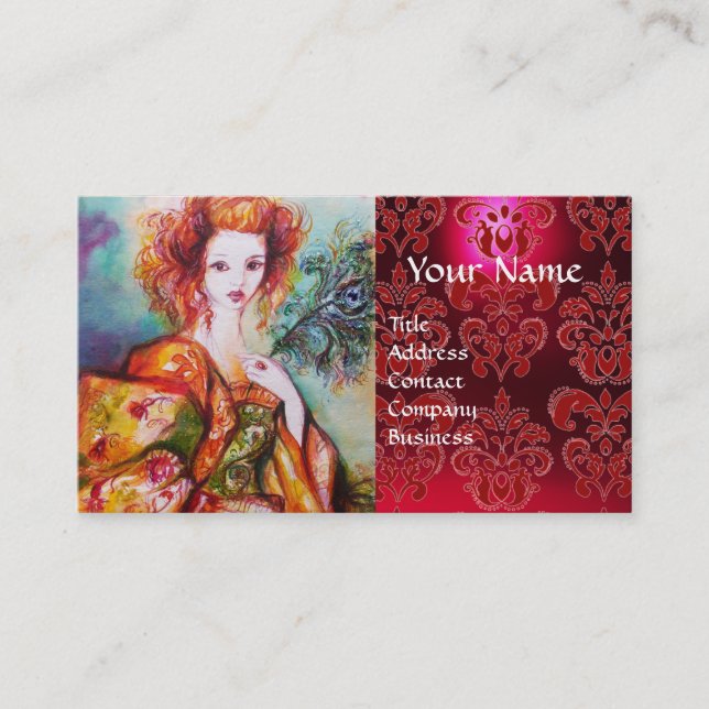 ROMANTIC WOMAN WITH PEACOCK FEATHER Red  Damask Business Card (Front)