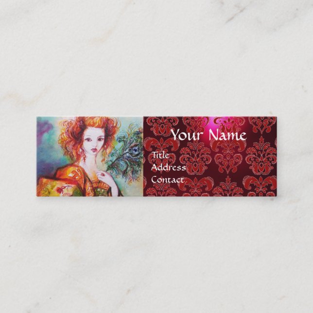 ROMANTIC WOMAN WITH PEACOCK FEATHER Red  Damask Mini Business Card (Front)