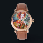 ROMANTIC WOMAN WITH PEACOCK FEATHER WATCH<br><div class="desc">Original contemporary watercolor painting with golden foil and iridescent colours in bright green, yellow orange , teal, turquase, white .Elegant , beautiful sophisticated brunette woman, red, green sparkling gold fabrics of a baroque costume with peacock feathers .Painting by Bulgan Lumini (c).</div>