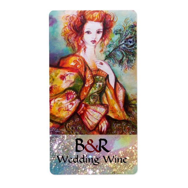ROMANTIC WOMAN WITH PEACOCK FEATHER Wedding Wine (Front)