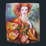 ROMANTIC WOMAN WITH SPARKLING PEACOCK FEATHER BACKPACK<br><div class="desc">Original contemporary watercolor painting with golden foil and iridescent colours in bright green, yellow orange ,  teal, turquase,  white .Elegant , beautiful sophisticated brunette woman, red, green sparkling gold fabrics of a baroque costume with peacock feathers .Painting by Bulgan Lumini (c)</div>