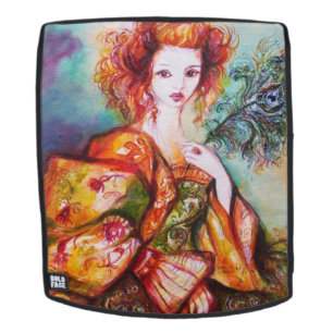 ROMANTIC WOMAN WITH SPARKLING PEACOCK FEATHER BACKPACK