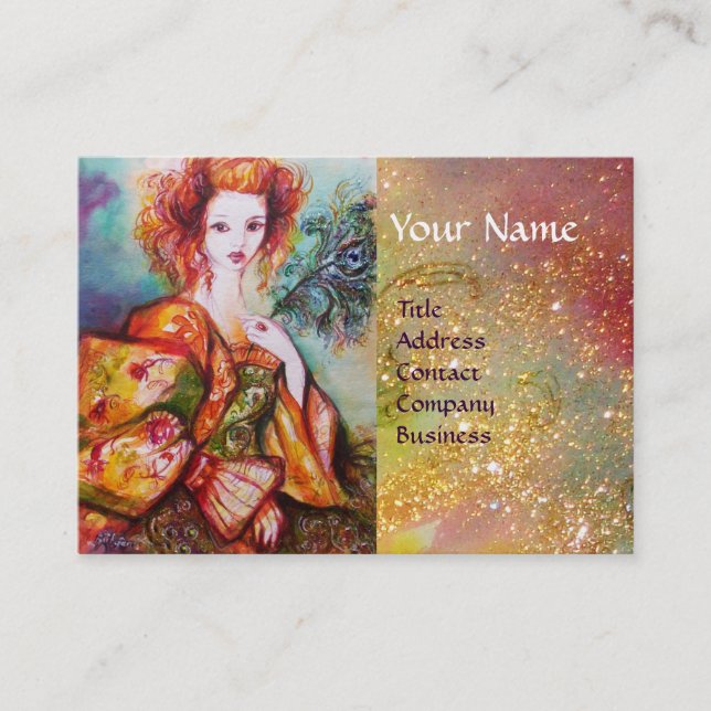 ROMANTIC WOMAN WITH SPARKLING PEACOCK FEATHER BUSINESS CARD (Front)