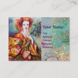 ROMANTIC WOMAN WITH SPARKLING PEACOCK FEATHER BUSINESS CARD