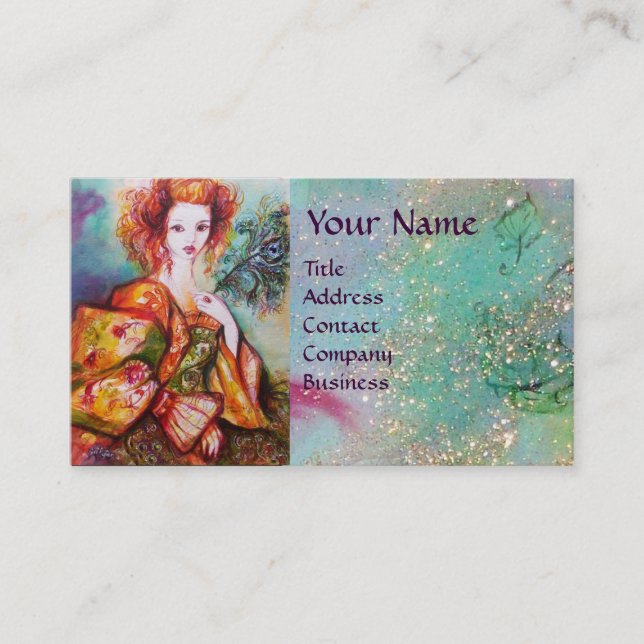 ROMANTIC WOMAN WITH SPARKLING PEACOCK FEATHER BUSINESS CARD (Front)