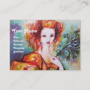 ROMANTIC WOMAN WITH SPARKLING PEACOCK FEATHER BUSINESS CARD