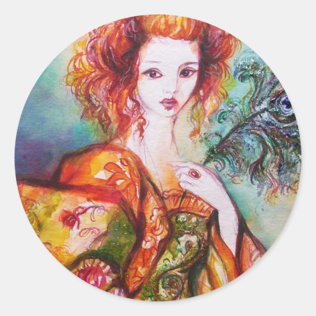 ROMANTIC WOMAN WITH SPARKLING PEACOCK FEATHER CLASSIC ROUND STICKER (Front)