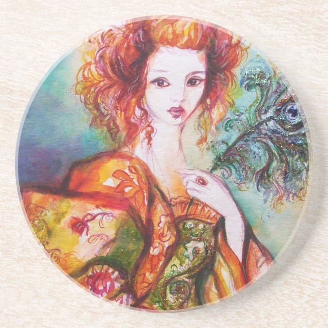 ROMANTIC WOMAN WITH SPARKLING PEACOCK FEATHER COASTER (Front)