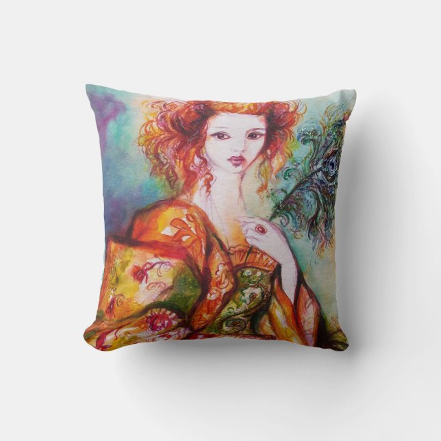 ROMANTIC WOMAN WITH SPARKLING PEACOCK FEATHER CUSHION (Front)