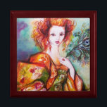ROMANTIC WOMAN WITH SPARKLING PEACOCK FEATHER GIFT BOX<br><div class="desc">Elegant , colourful , classy,  whimsical design in bright green, yellow orange ,  teal, turquase,  white colours .Beautiful sophisticated brunette woman, red, green sparkling gold fabrics of a baroque costume with peacock feathers .Original watercolor painting with golden foil and iridescent colours</div>