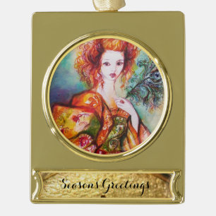 ROMANTIC WOMAN WITH SPARKLING PEACOCK FEATHER GOLD PLATED BANNER ORNAMENT