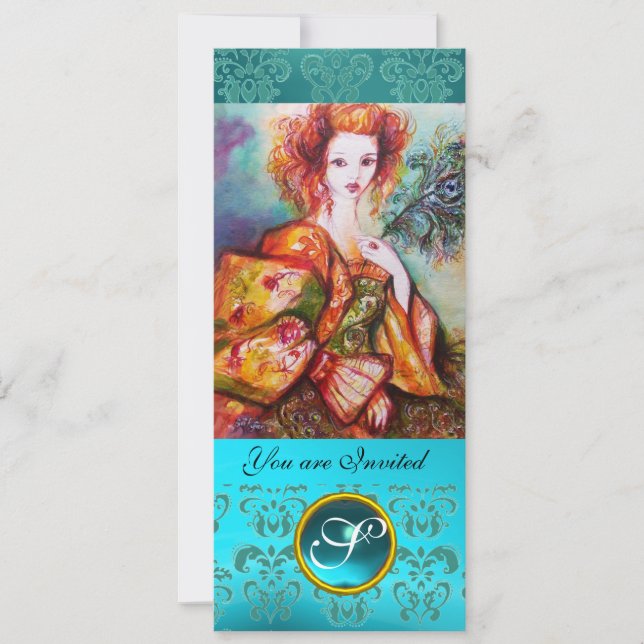 ROMANTIC WOMAN WITH SPARKLING PEACOCK FEATHER INVITATION (Front)