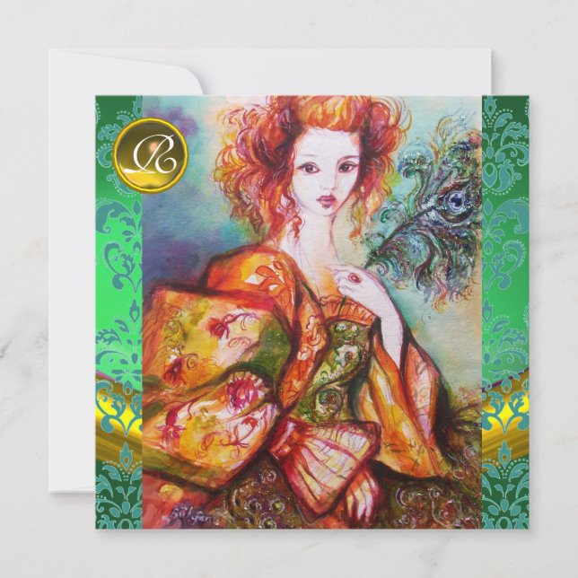 ROMANTIC WOMAN WITH SPARKLING PEACOCK FEATHER INVITATION (Front)