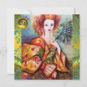 ROMANTIC WOMAN WITH SPARKLING PEACOCK FEATHER INVITATION