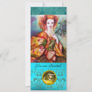 ROMANTIC WOMAN WITH SPARKLING PEACOCK FEATHER INVITATION