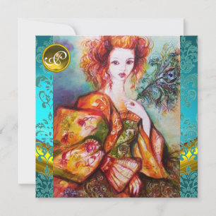 ROMANTIC WOMAN WITH SPARKLING PEACOCK FEATHER INVITATION