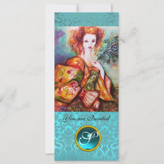 ROMANTIC WOMAN WITH SPARKLING PEACOCK FEATHER INVITATION (Front)