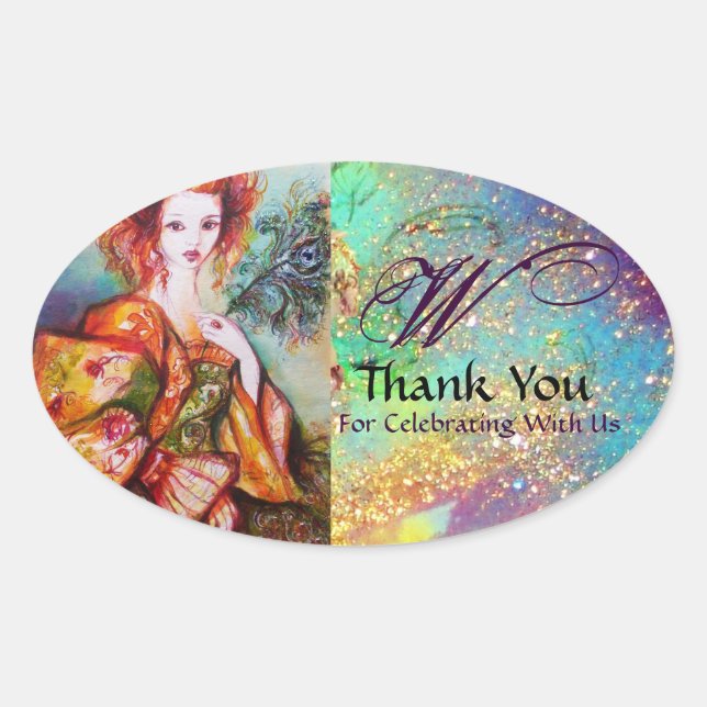 ROMANTIC WOMAN WITH SPARKLING PEACOCK FEATHER OVAL STICKER (Front)