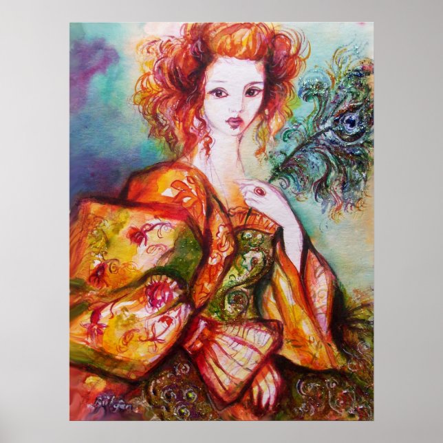ROMANTIC WOMAN WITH SPARKLING PEACOCK FEATHER POSTER (Front)