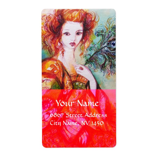 ROMANTIC WOMAN WITH SPARKLING PEACOCK FEATHER,Red (Front)