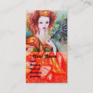 ROMANTIC WOMAN WITH SPARKLING PEACOCK FEATHER,red Business Card