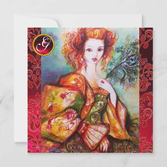 ROMANTIC WOMAN WITH SPARKLING PEACOCK FEATHER, Red Invitation (Front)