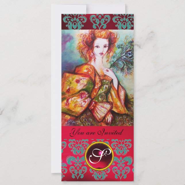 ROMANTIC WOMAN WITH SPARKLING PEACOCK FEATHER ,Red Invitation (Front)