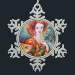 ROMANTIC WOMAN WITH SPARKLING PEACOCK FEATHER SNOWFLAKE PEWTER CHRISTMAS ORNAMENT<br><div class="desc">Elegant , colourful , classy,  whimsical design in bright green, yellow orange ,  teal, turquase,  white colours .Beautiful sophisticated brunette woman, red, green sparkling gold fabrics of a baroque costume with peacock feathers .Original watercolor painting with golden foil and iridescent colours</div>