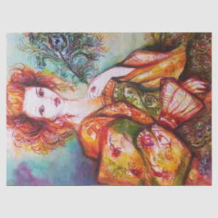 ROMANTIC WOMAN WITH SPARKLING PEACOCK FEATHER TISSUE PAPER