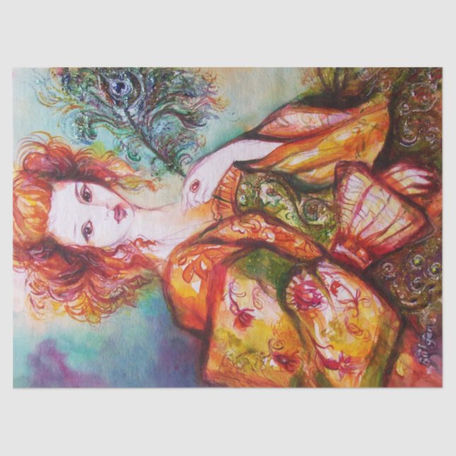 ROMANTIC WOMAN WITH SPARKLING PEACOCK FEATHER TISSUE PAPER (Front)