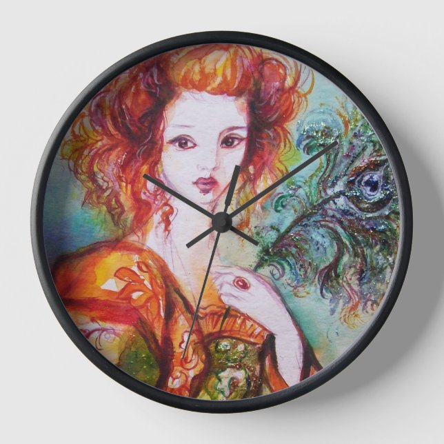 ROMANTIC WOMAN WITH SPARKLING PEACOCK FEATHER WALL CLOCK (Front)