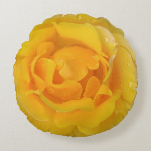 Romantic Yellow Rose Water Drops Round Cushion