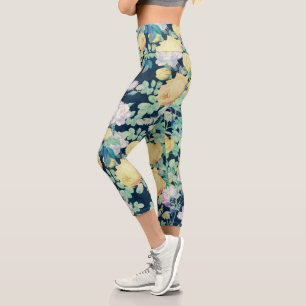Romantic Yellow White roses floral Blue Design Capri Leggings