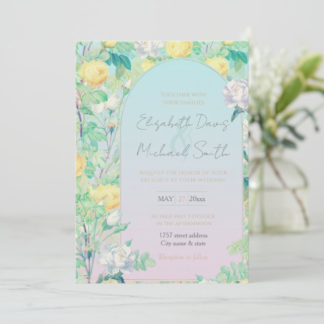 Romantic Yellow White roses floral Design Invitation (Standing Front)