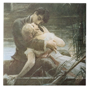 Romantic Young Couple in Love (Kissing in a Boat) Ceramic Tile