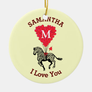Romantic zebra and red heart personalised ceramic ornament